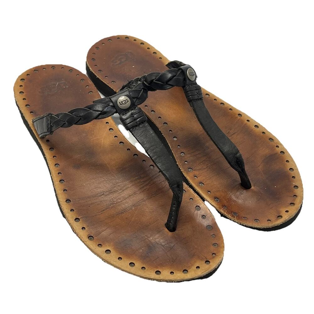 UGG Australia Bria Black Tan Braided Leather Flip Flop Sandals Women’s 7 Basic